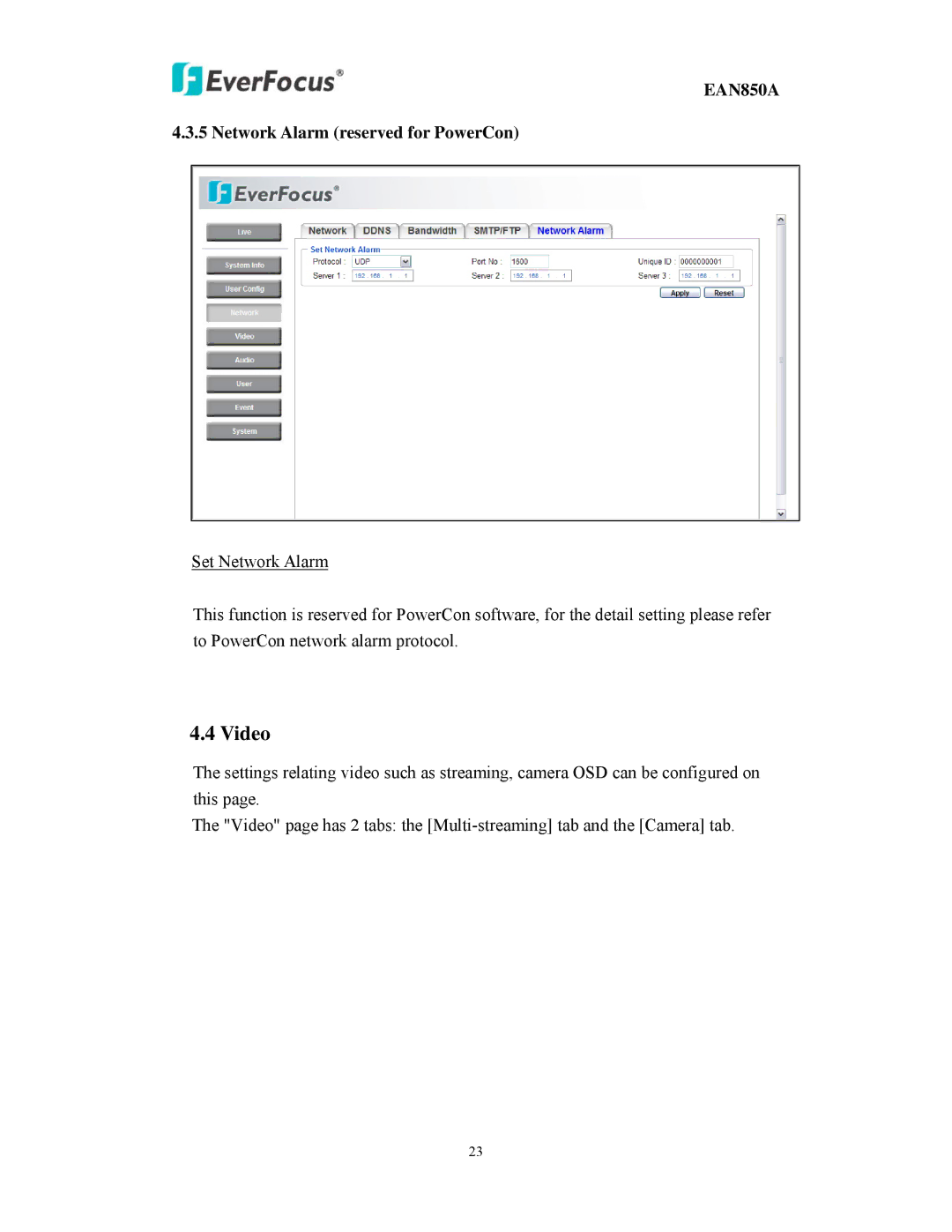 EverFocus EAN850A user manual Video, Network Alarm reserved for PowerCon 