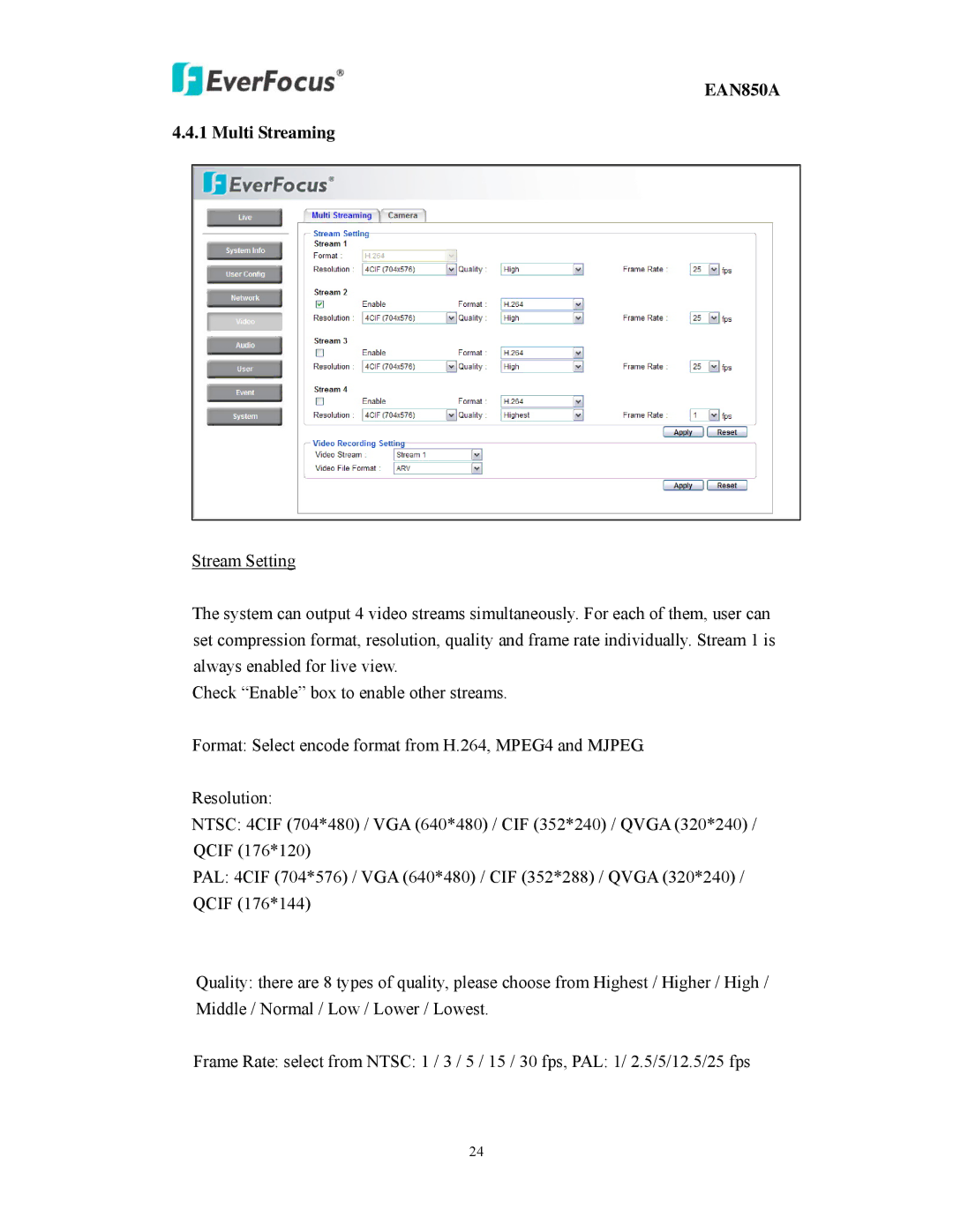 EverFocus EAN850A user manual Multi Streaming 