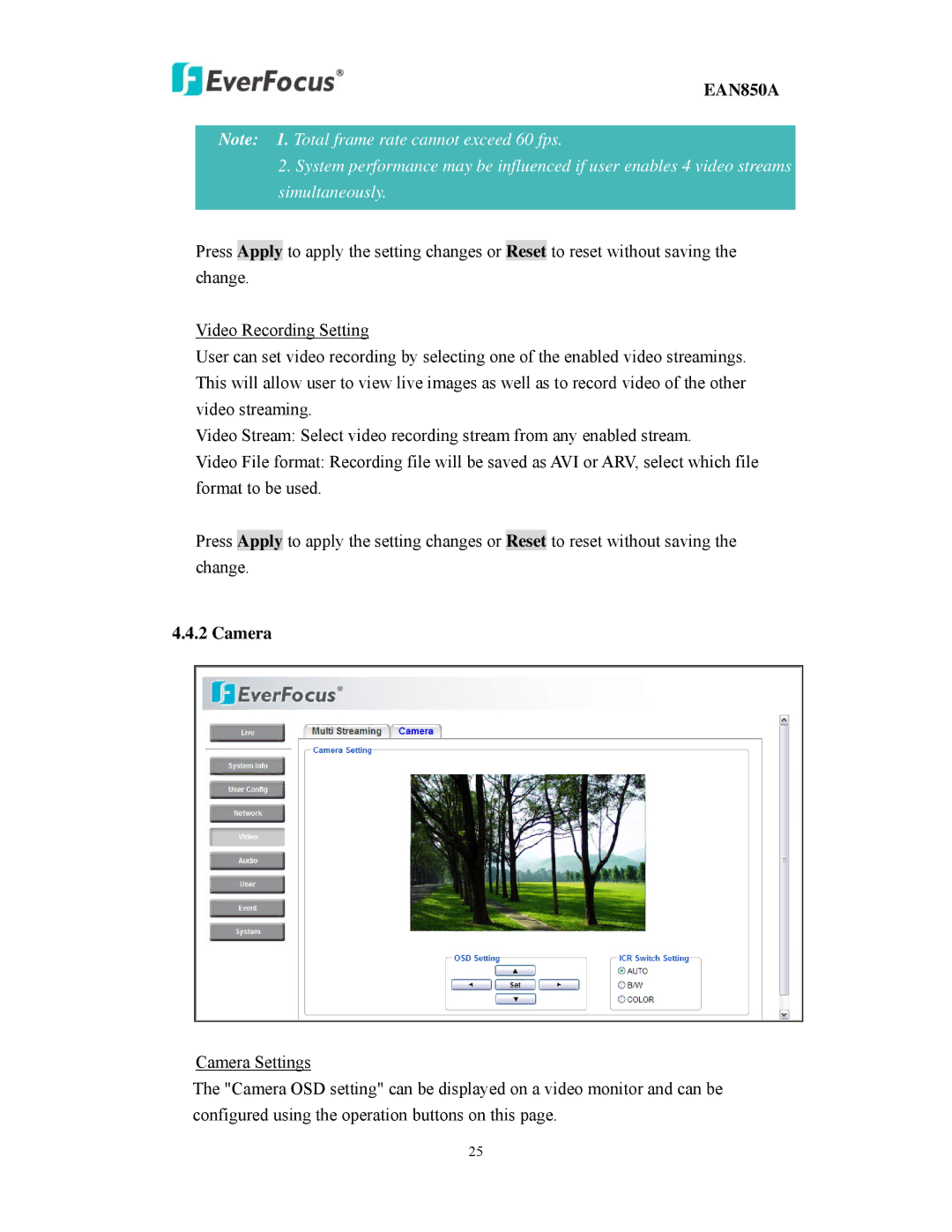 EverFocus EAN850A user manual Camera 