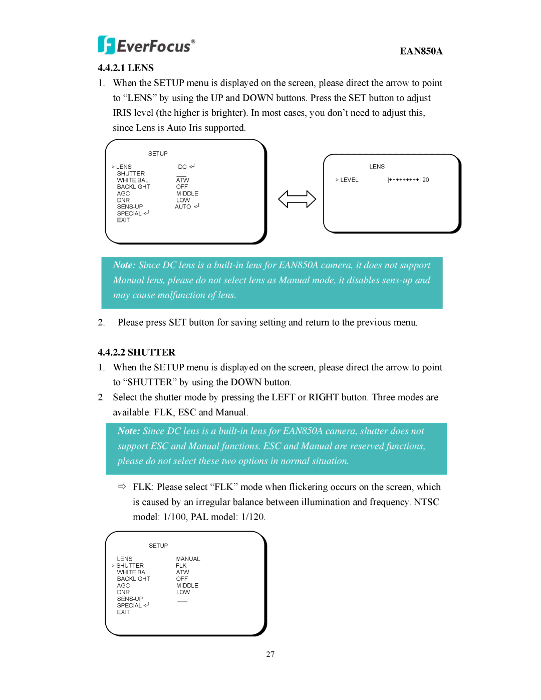 EverFocus user manual EAN850A 4.4.2.1 Lens, Shutter 