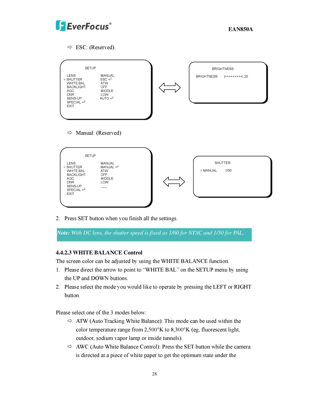 EverFocus EAN850A user manual ESC Reserved, White Balance Control 