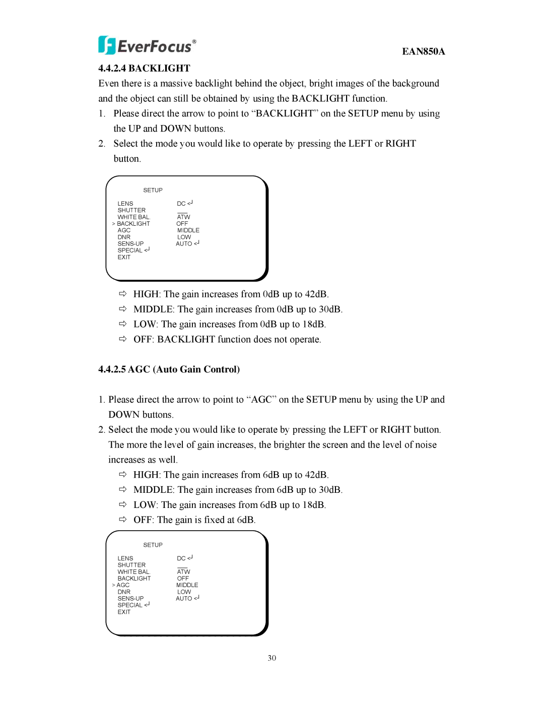 EverFocus user manual EAN850A 4.4.2.4 Backlight, AGC Auto Gain Control 