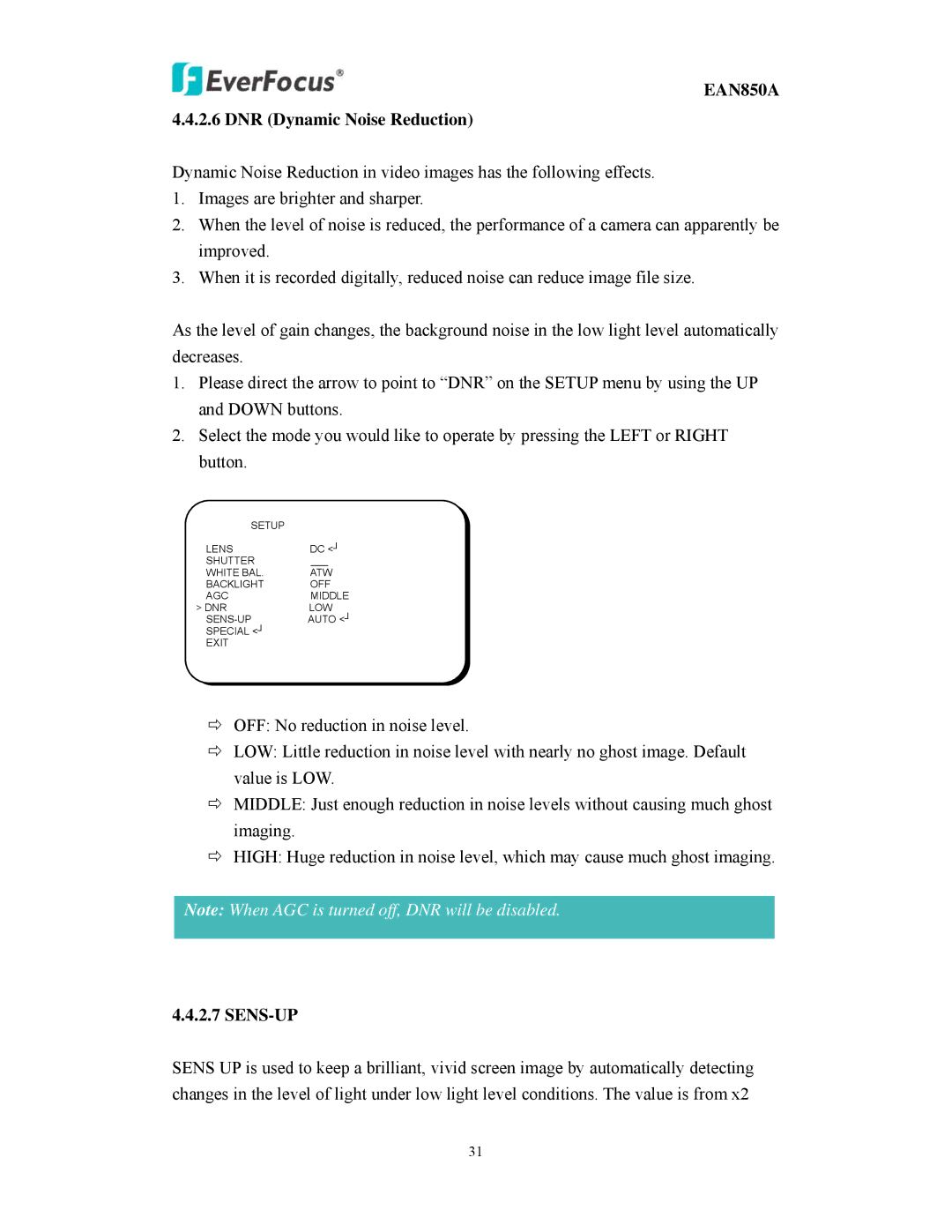 EverFocus user manual EAN850A 4.4.2.6 DNR Dynamic Noise Reduction, Sens-Up 