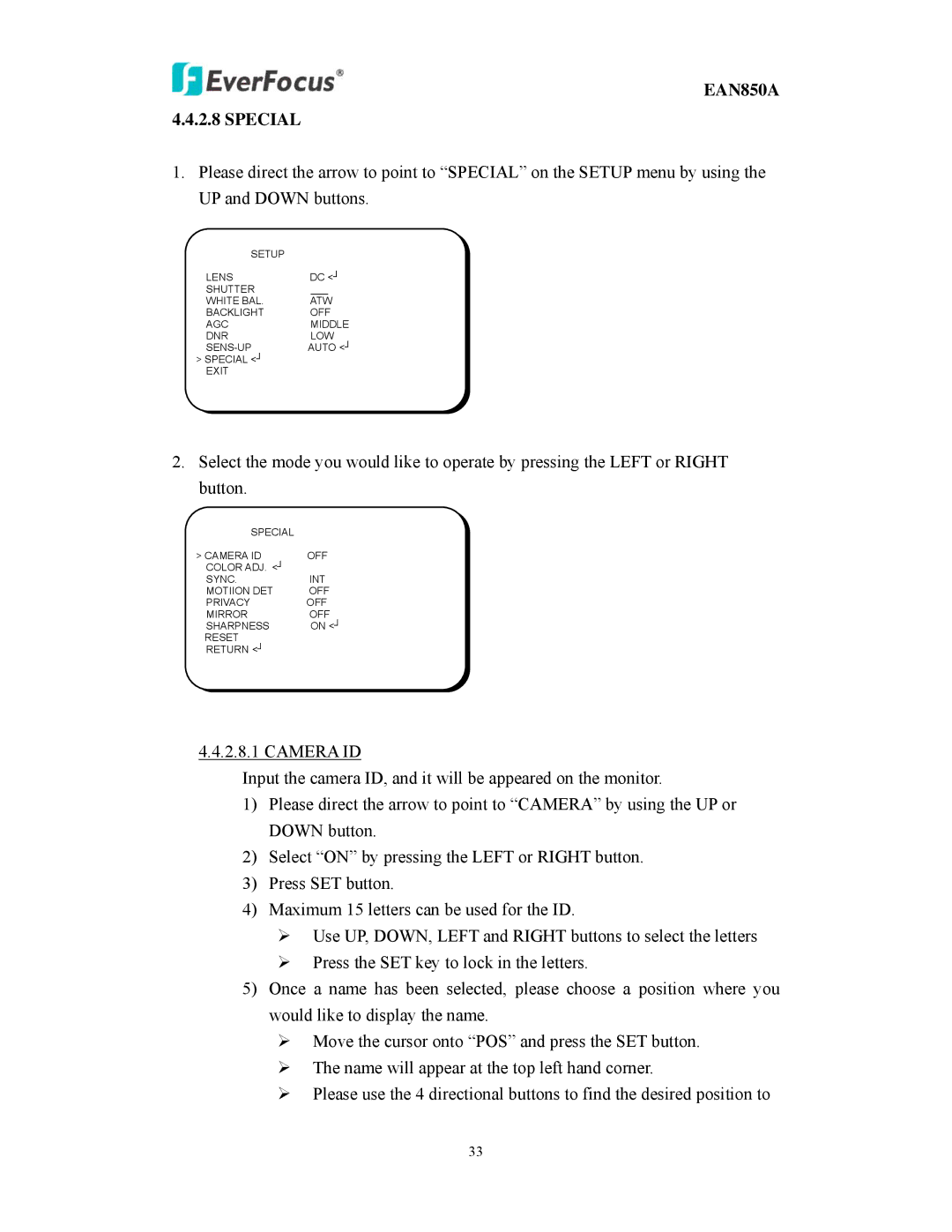 EverFocus user manual EAN850A 4.4.2.8 Special 