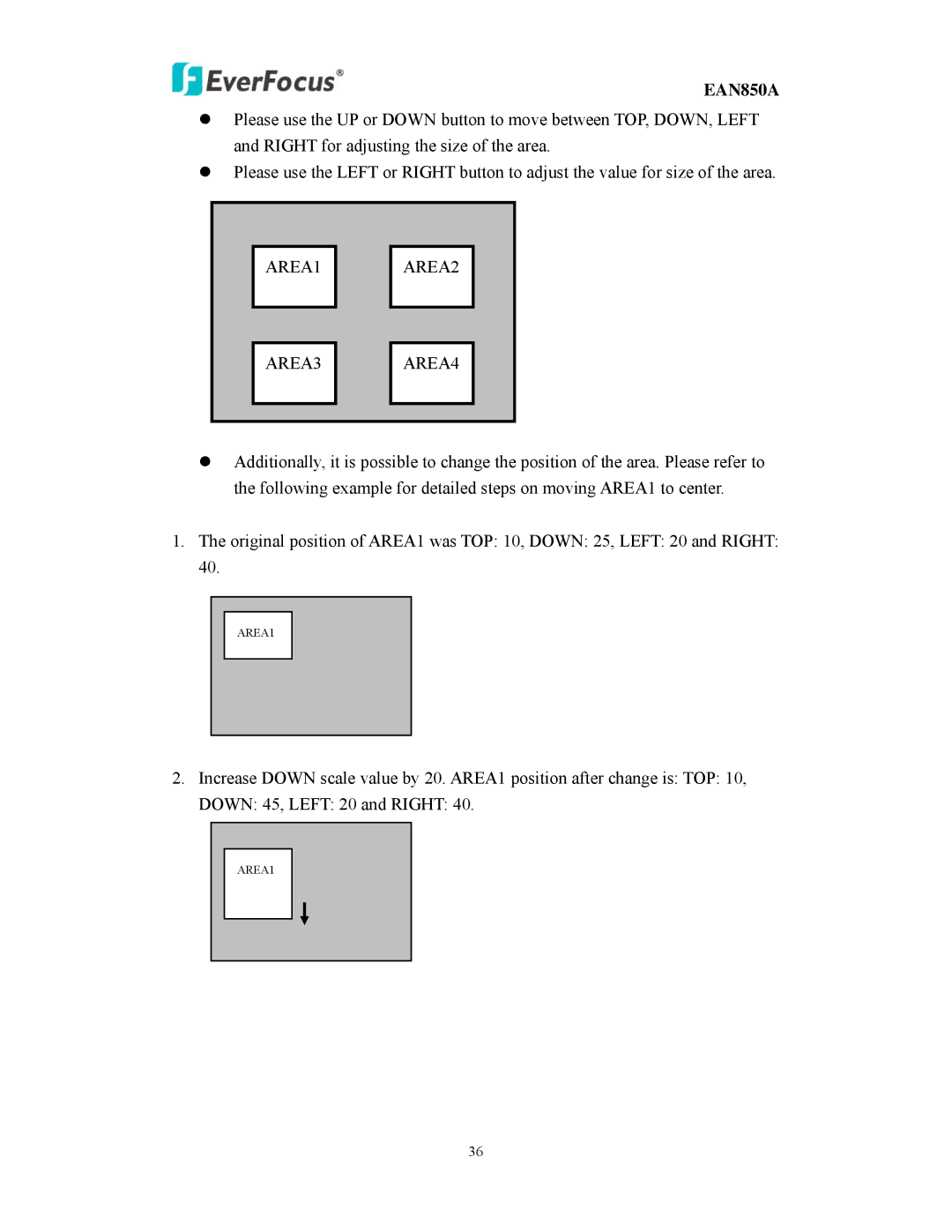 EverFocus EAN850A user manual AREA1 AREA2 AREA3 AREA4 