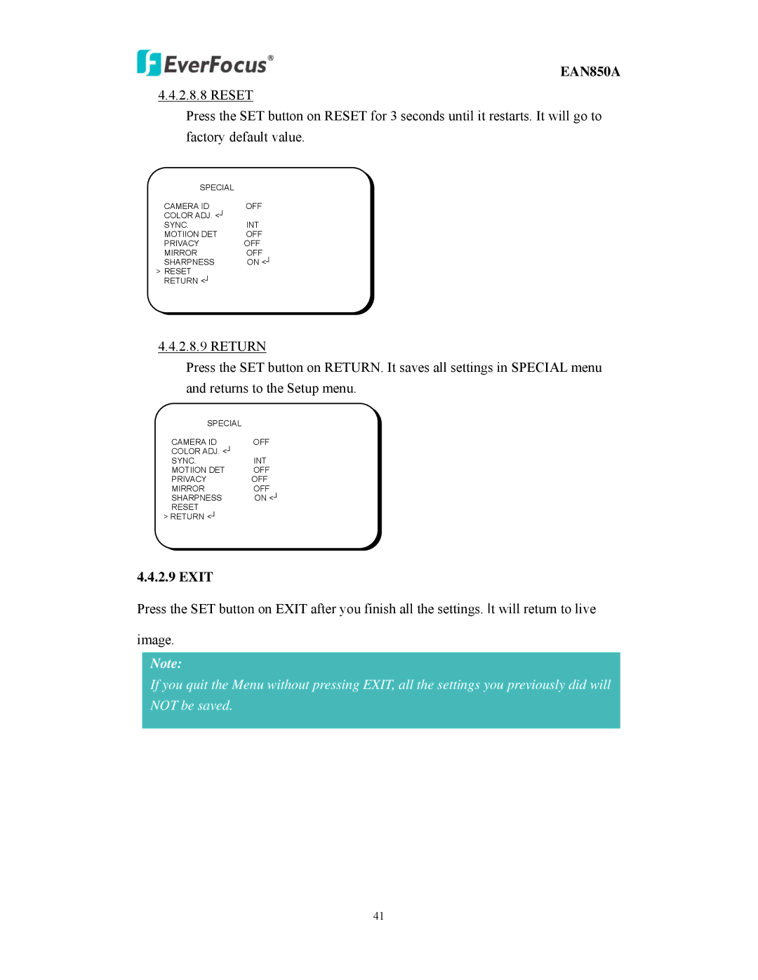 EverFocus EAN850A user manual Exit 