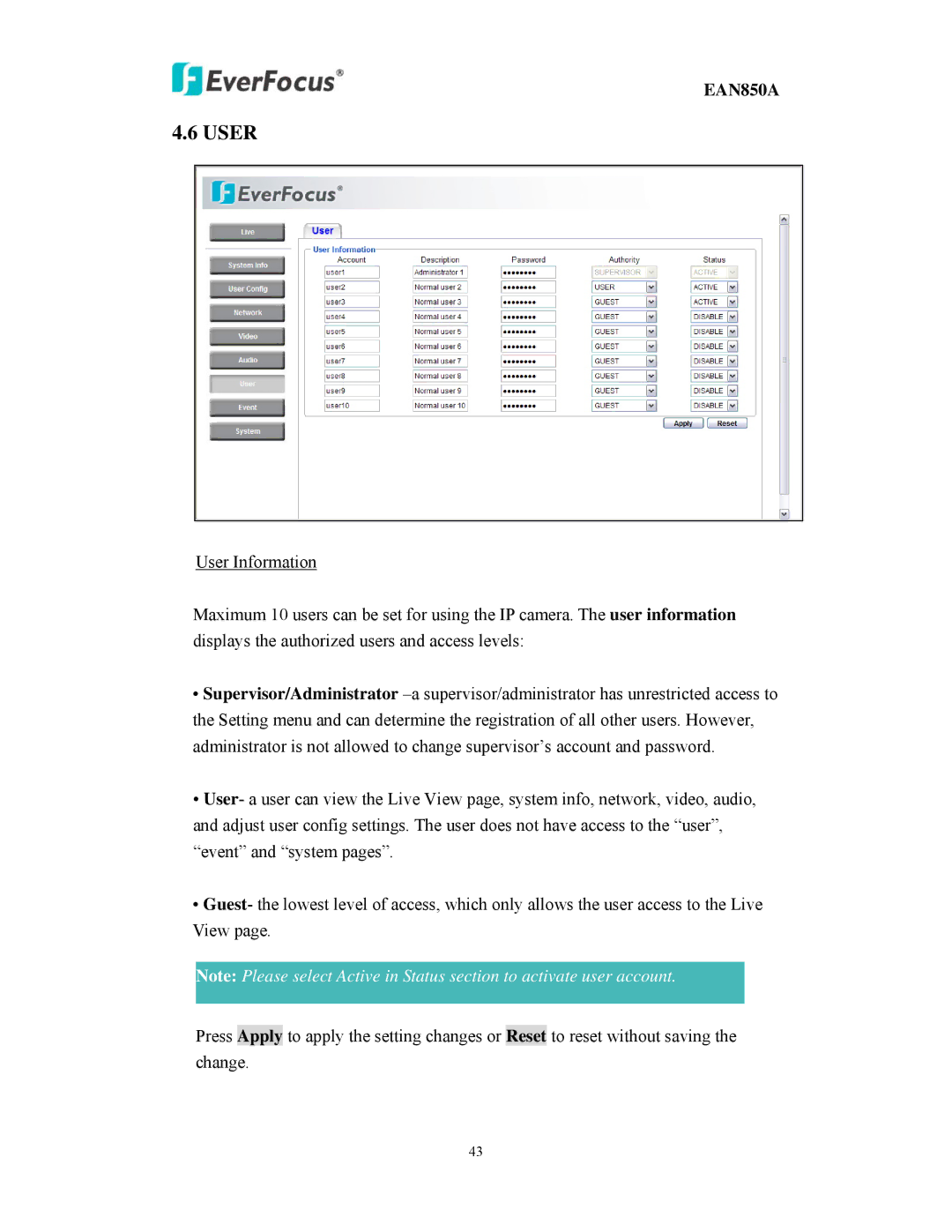 EverFocus EAN850A user manual User 