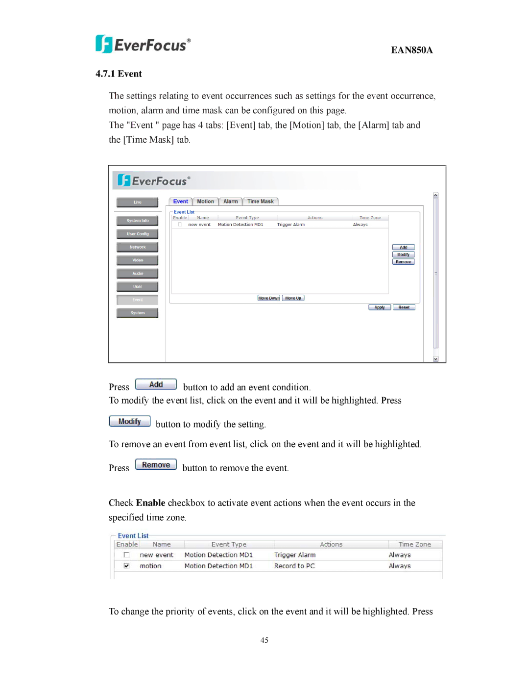 EverFocus EAN850A user manual Event 