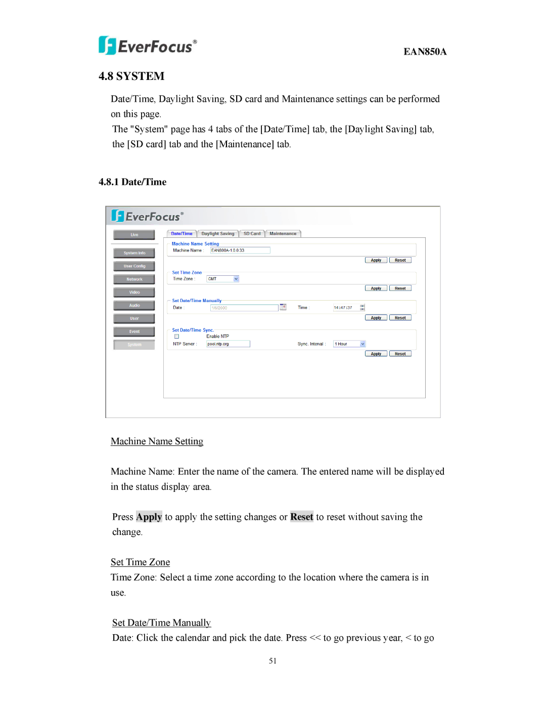 EverFocus EAN850A user manual System, Date/Time 