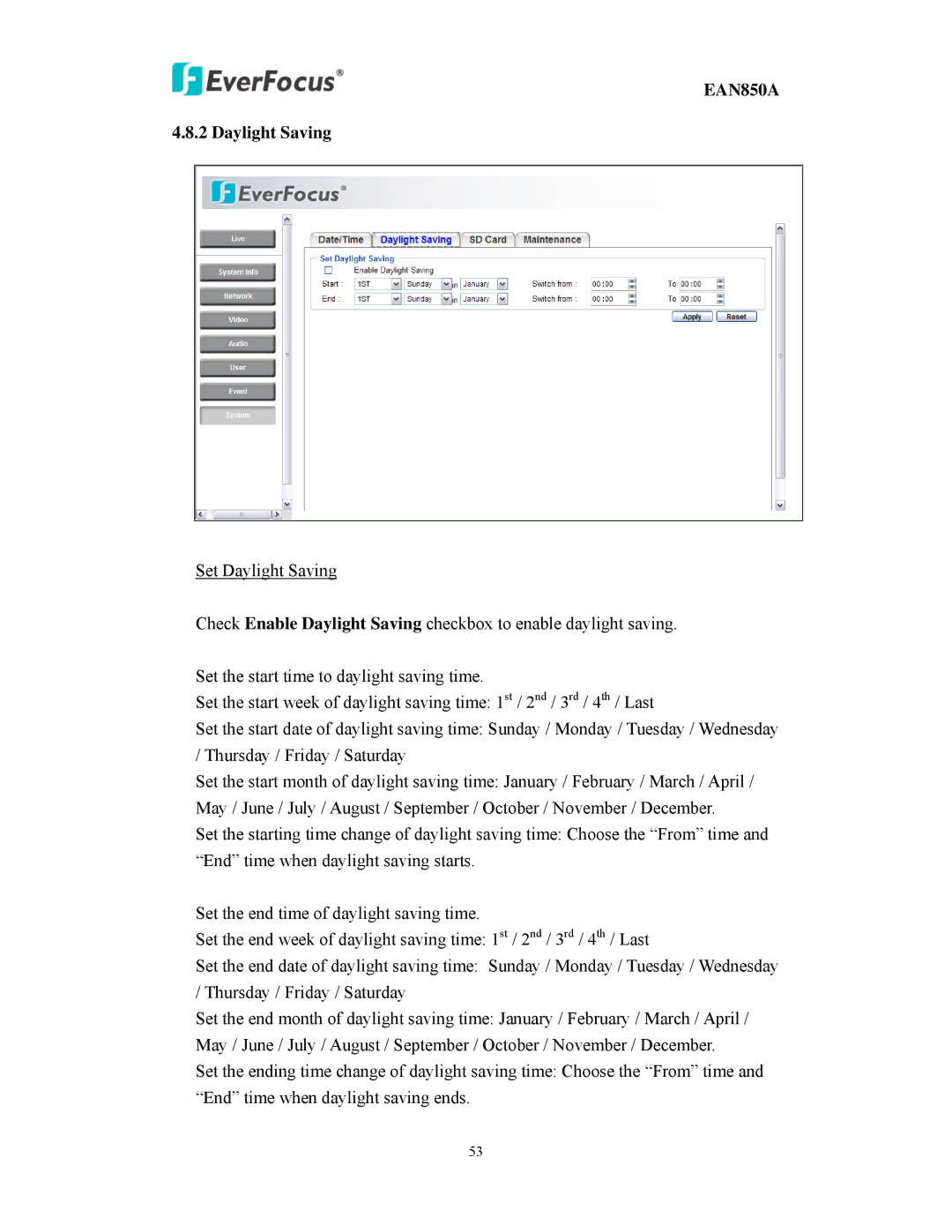 EverFocus EAN850A user manual Daylight Saving 