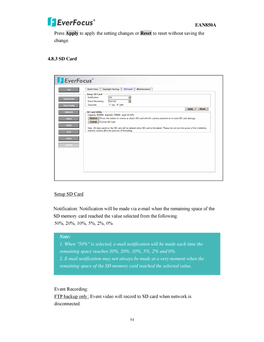 EverFocus EAN850A user manual SD Card 