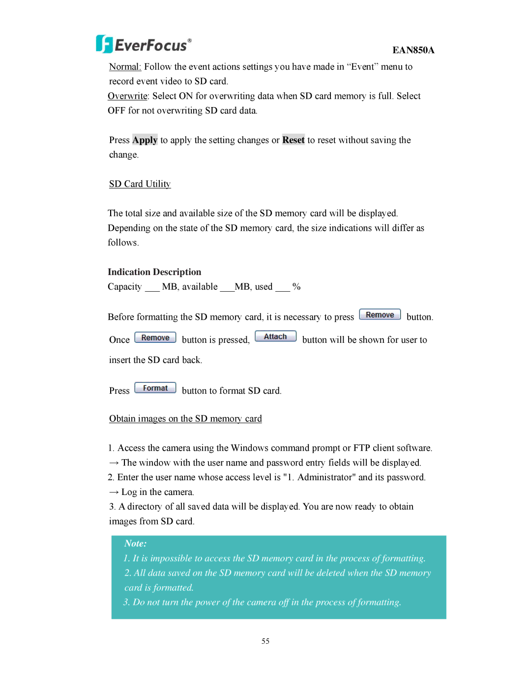 EverFocus EAN850A user manual Indication Description 