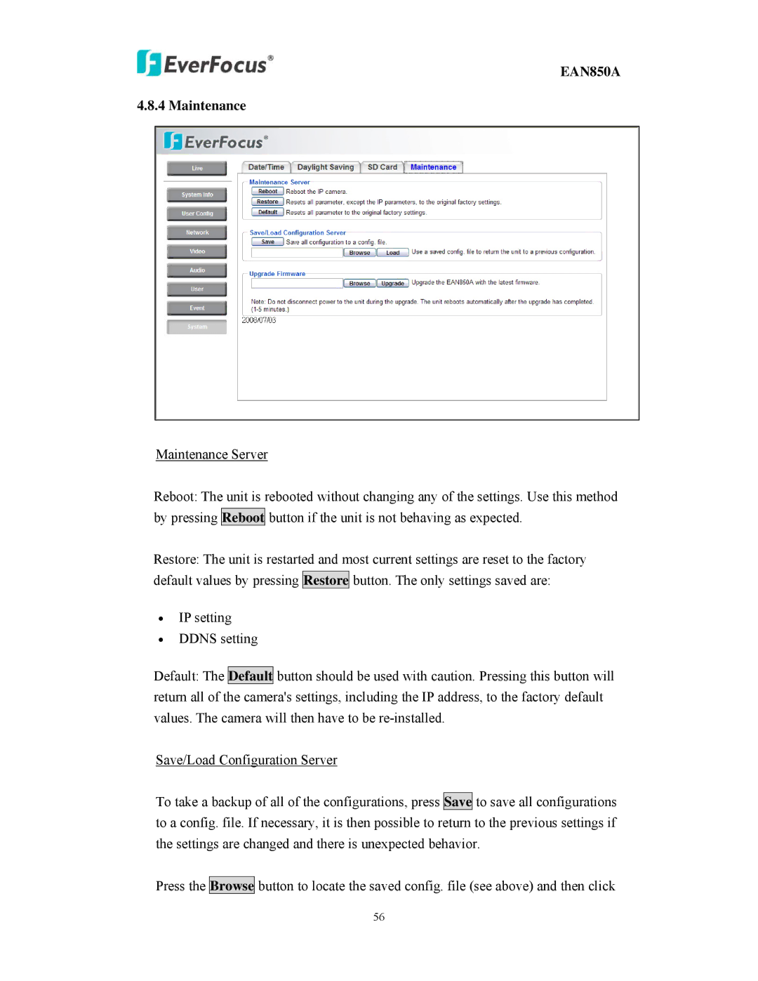 EverFocus EAN850A user manual Maintenance, Browse 