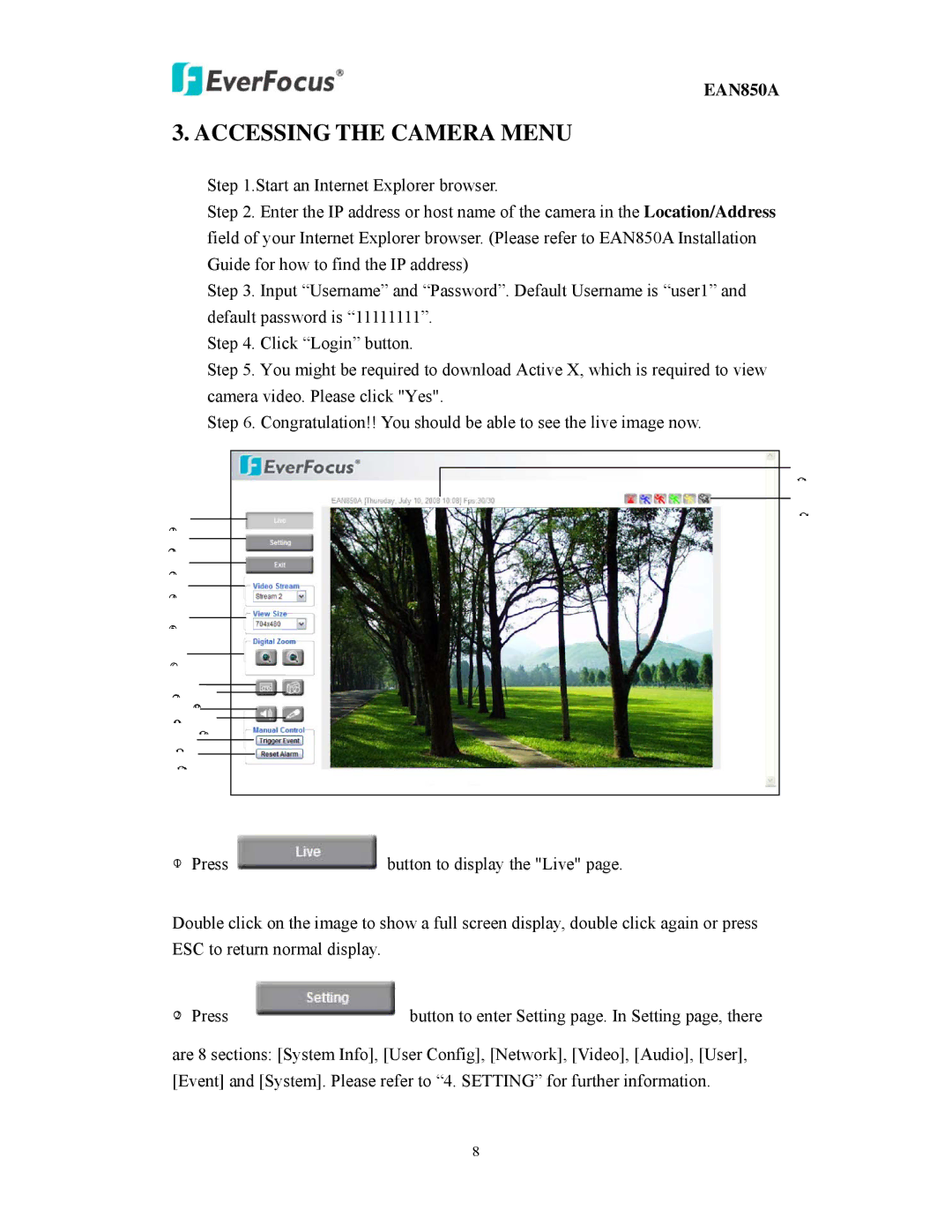 EverFocus EAN850A user manual Accessing the Camera Menu 