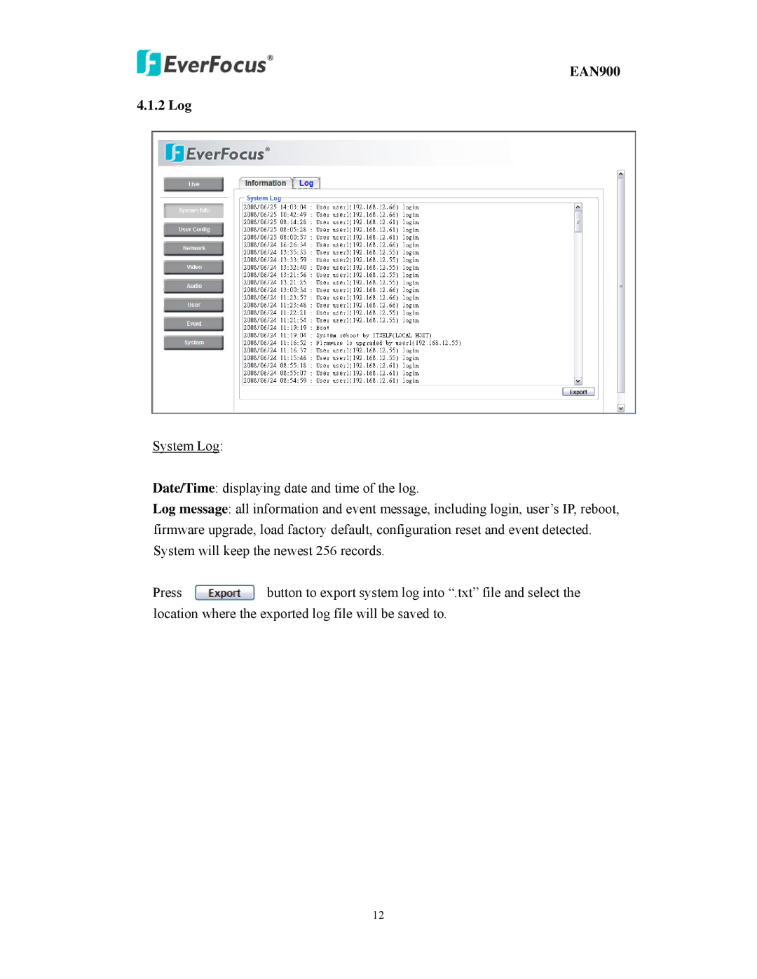 EverFocus user manual EAN900 2 Log 