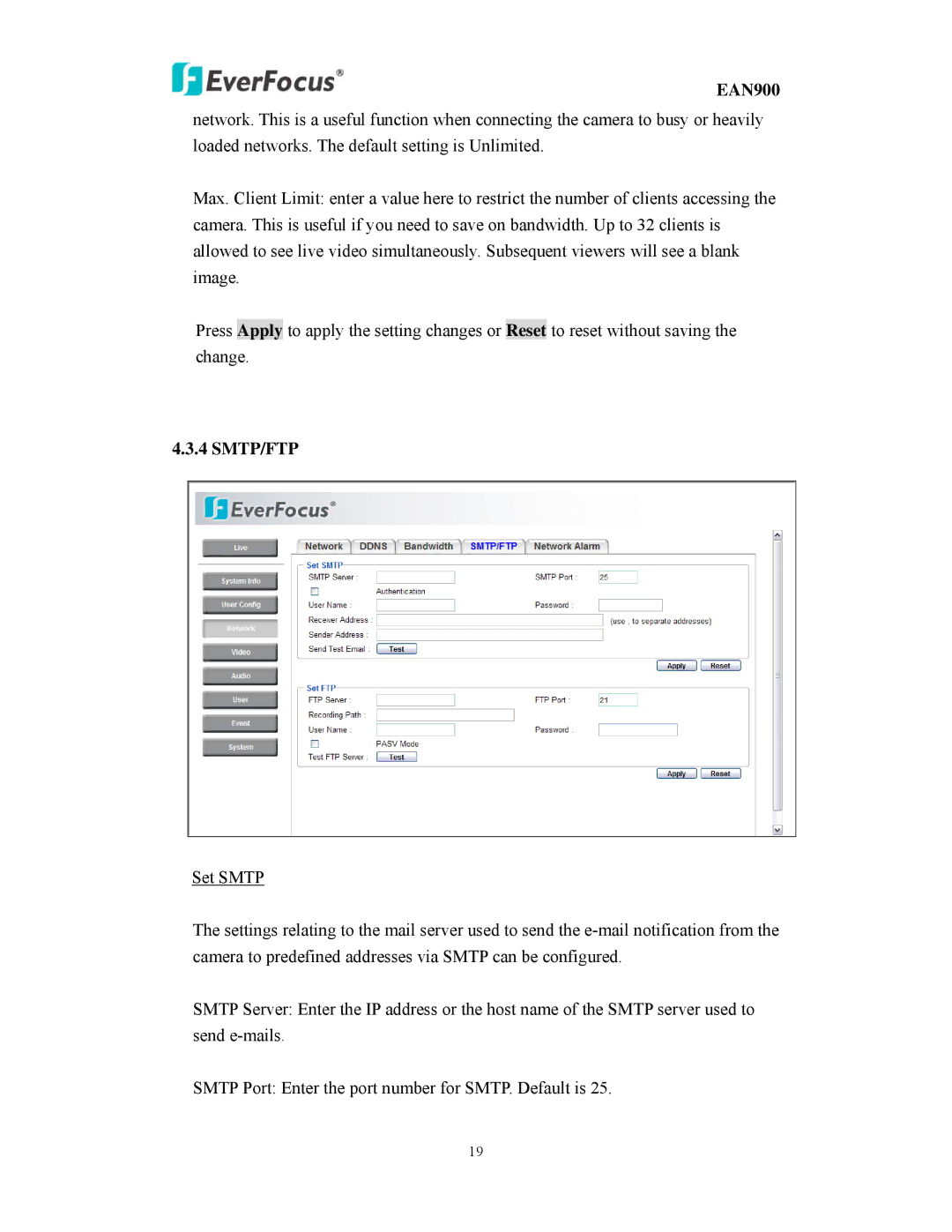 EverFocus EAN900 user manual Smtp/Ftp 