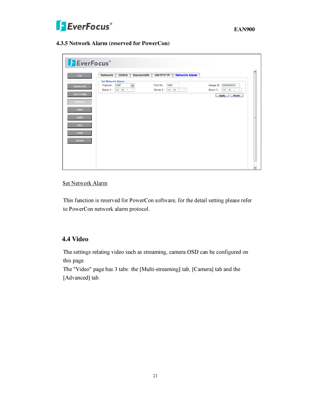 EverFocus user manual Video, EAN900 Network Alarm reserved for PowerCon 