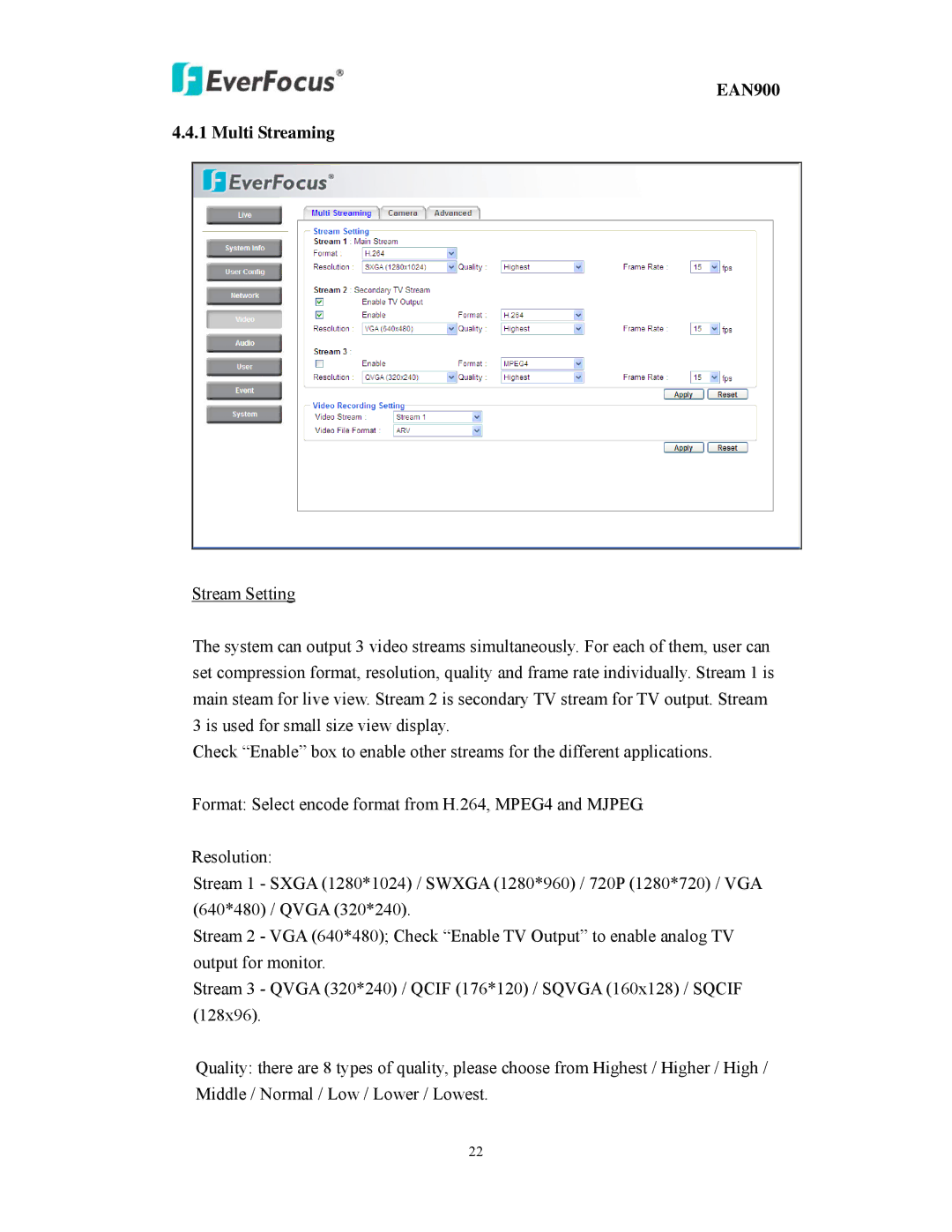 EverFocus user manual EAN900 Multi Streaming 