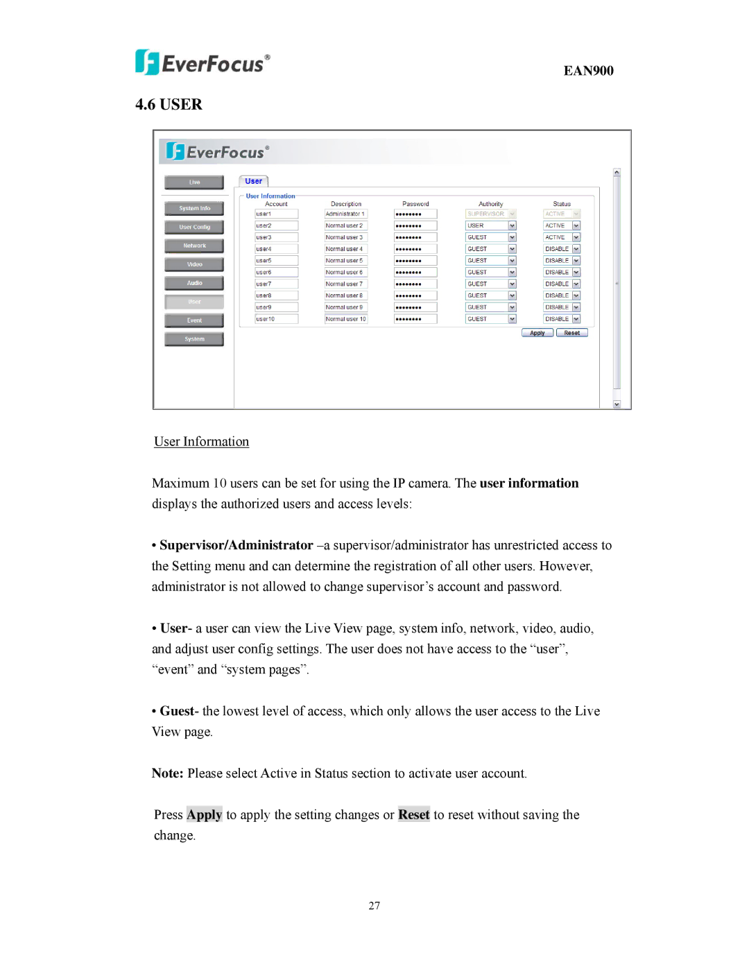 EverFocus EAN900 user manual User 