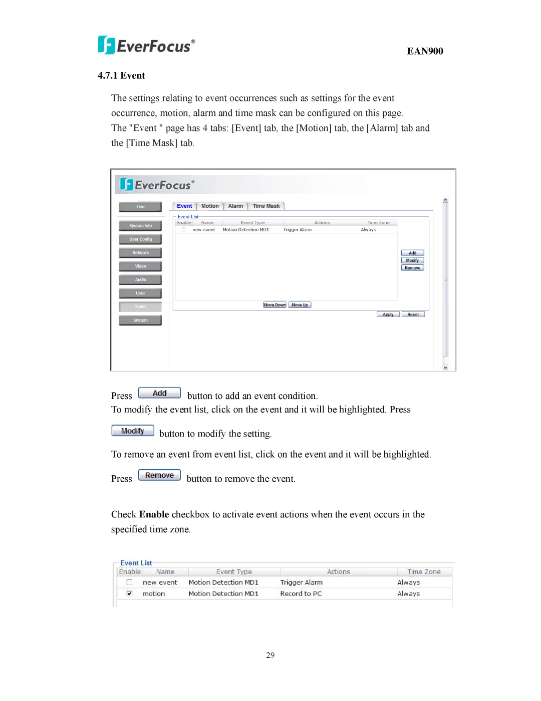 EverFocus user manual EAN900 Event 