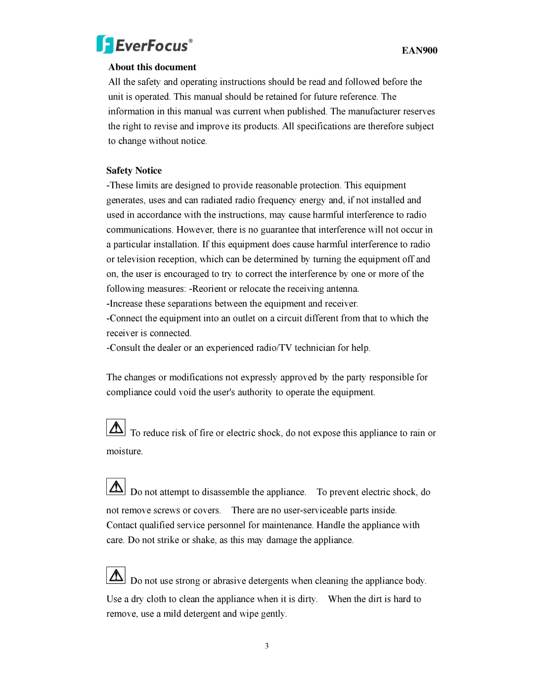 EverFocus user manual EAN900 About this document, Safety Notice 