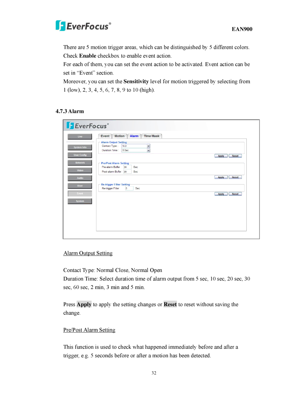 EverFocus EAN900 user manual Alarm 