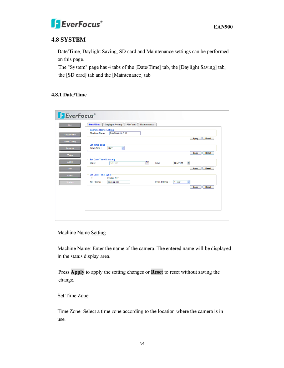 EverFocus EAN900 user manual System, Date/Time 