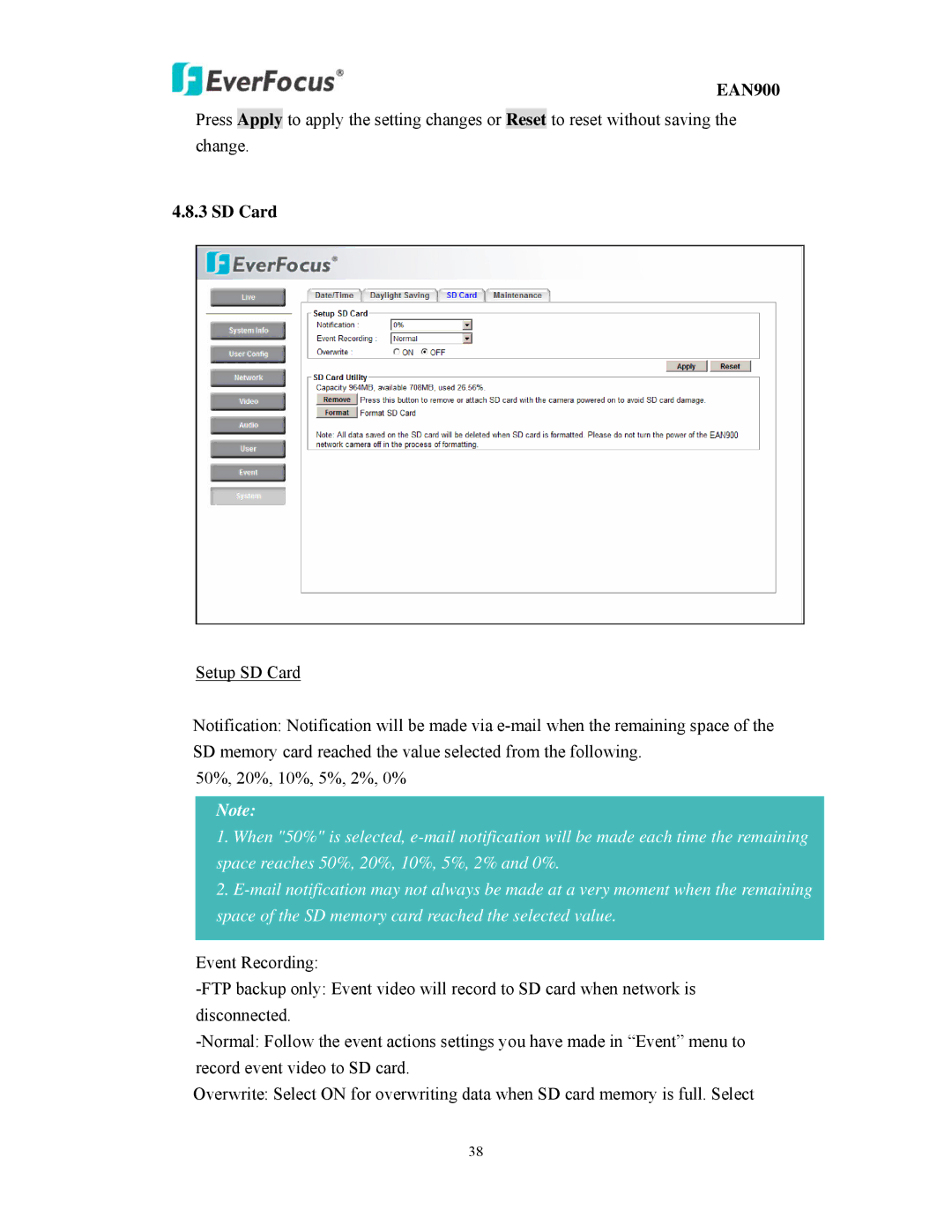 EverFocus EAN900 user manual SD Card 