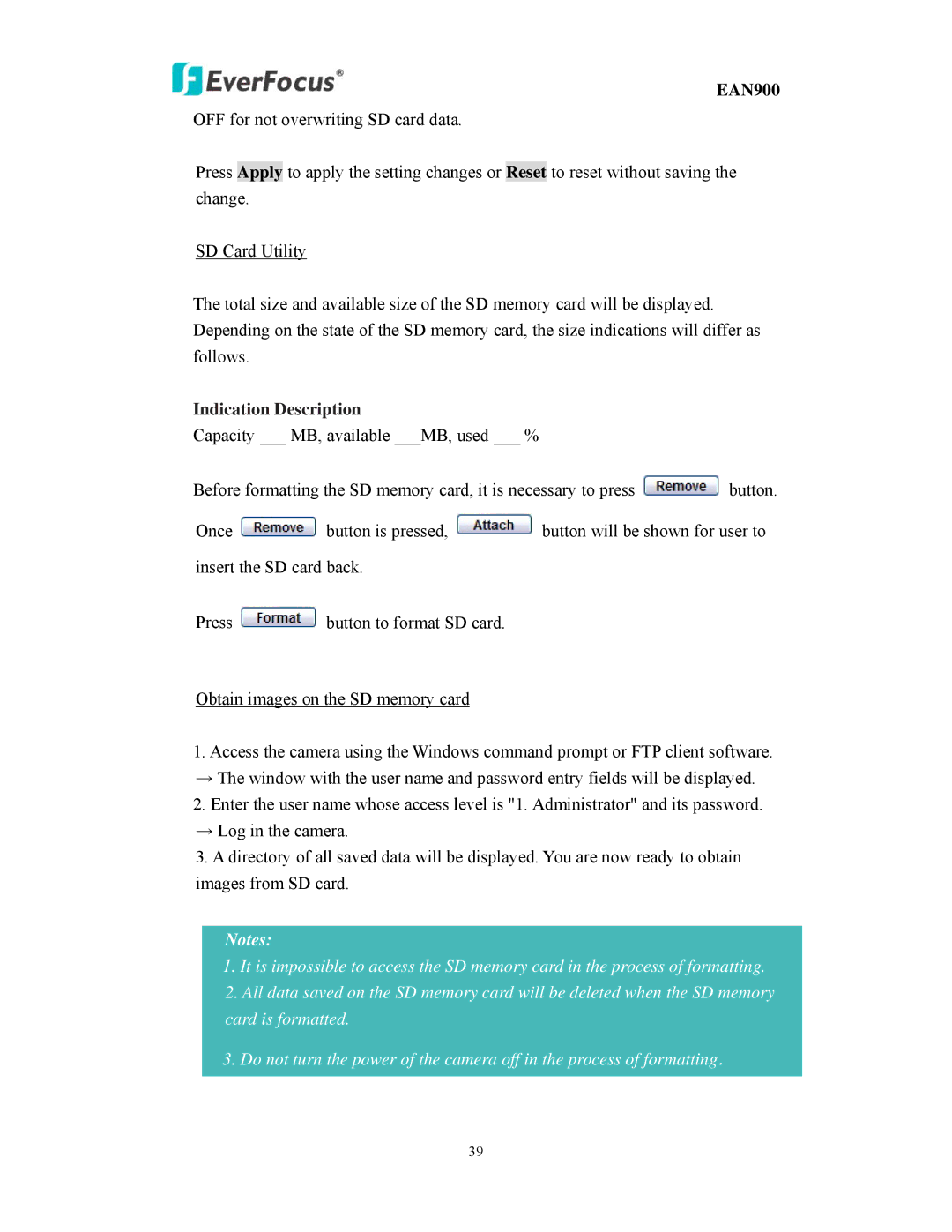 EverFocus EAN900 user manual Indication Description 