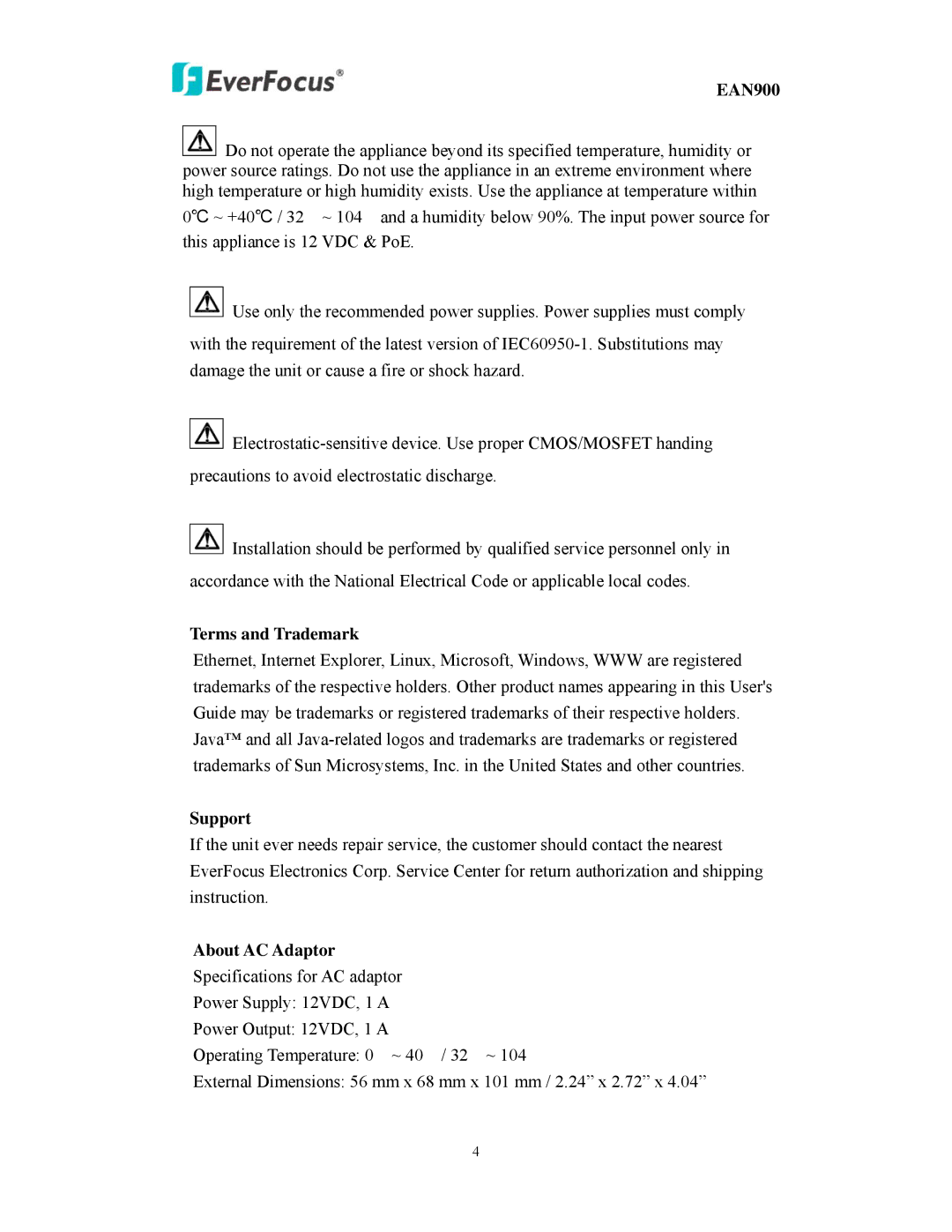 EverFocus EAN900 user manual Terms and Trademark, Support, About AC Adaptor 