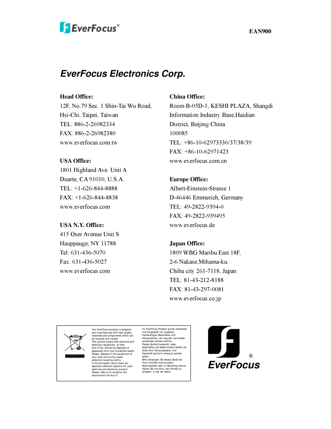 EverFocus EAN900 user manual Head Office China Office, USA Office, Europe Office, USA N.Y. Office, Japan Office 