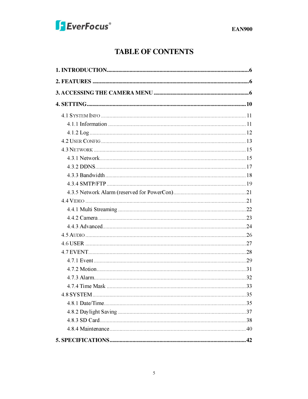 EverFocus EAN900 user manual Table of Contents 