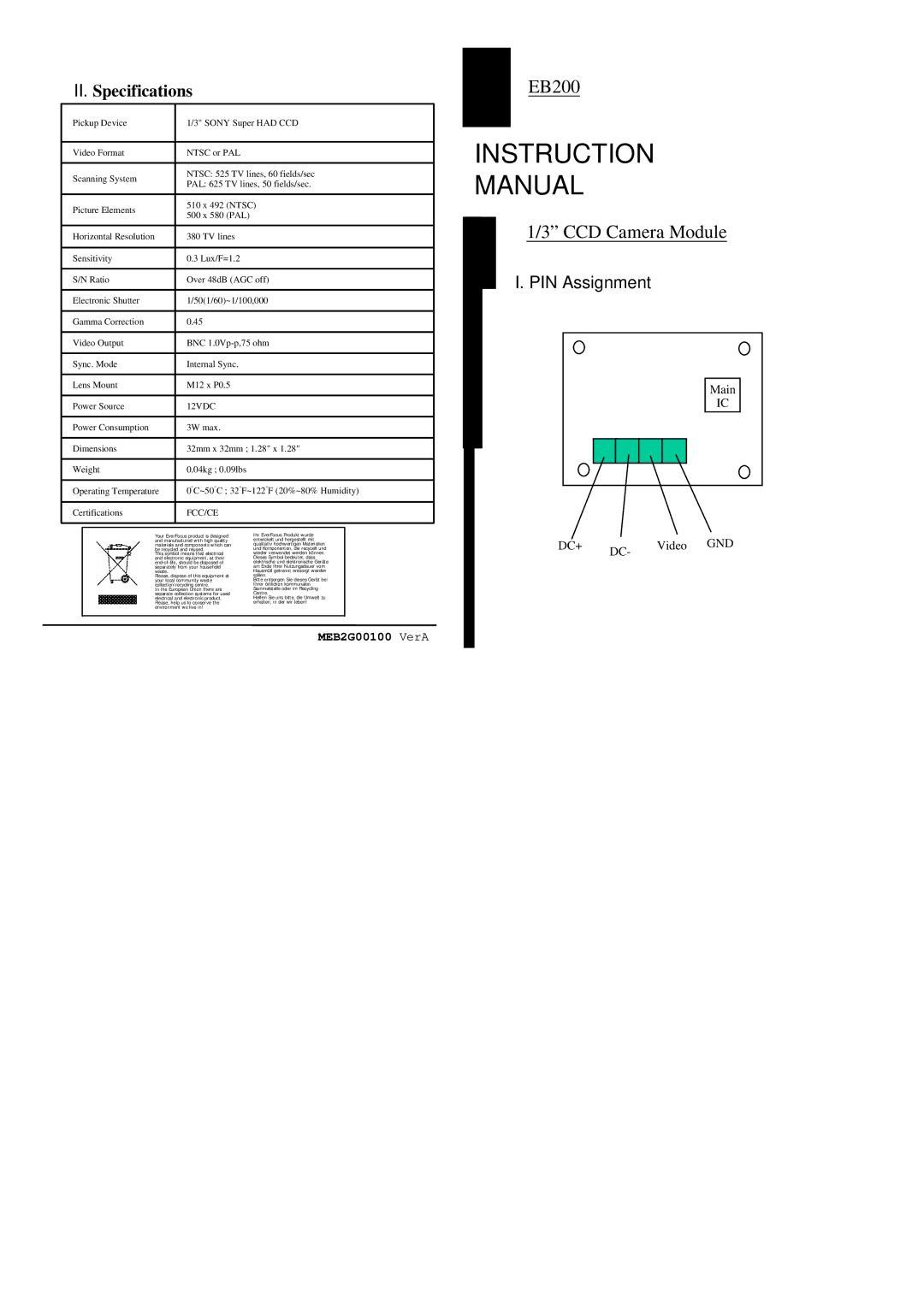 EverFocus EB200 instruction manual II. Specifications, 12VDC, Fcc/Ce 