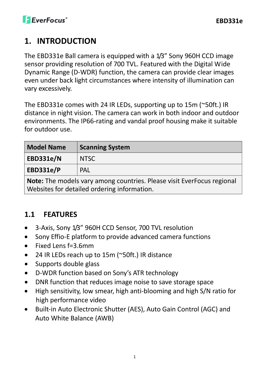 EverFocus EBD331e user manual Introduction, Features 