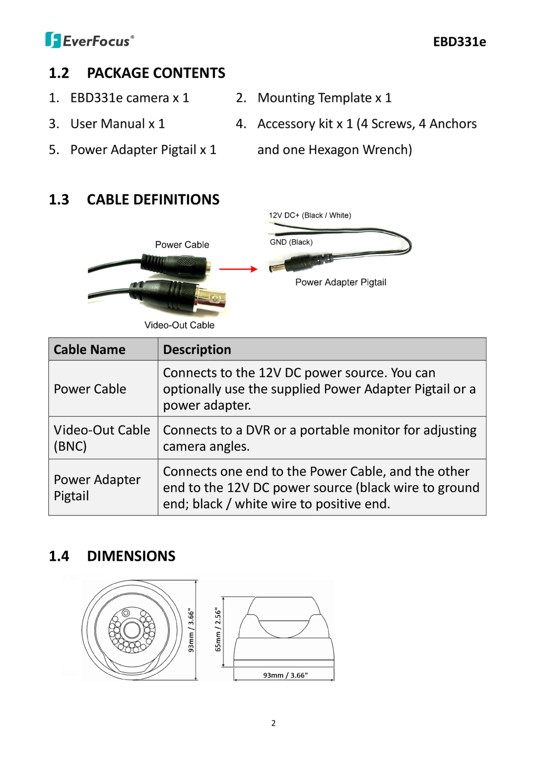 EverFocus EBD331e user manual Package Contents, Cable Definitions, Dimensions 