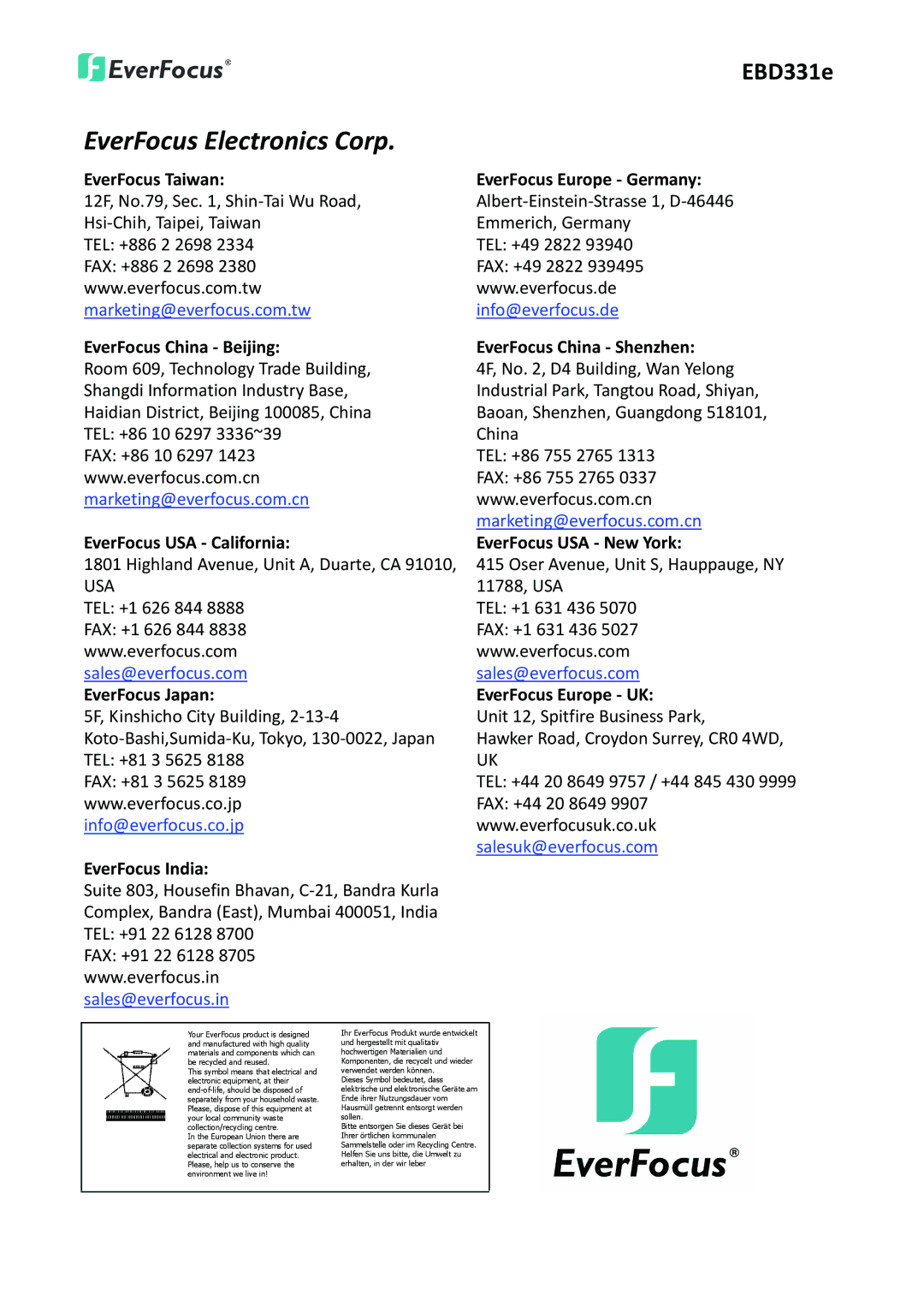 EverFocus EBD331e user manual EverFocus Electronics Corp 