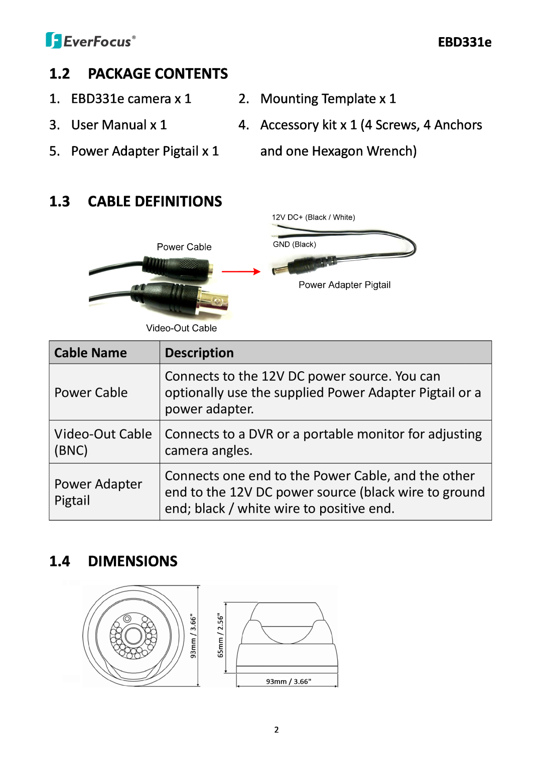 EverFocus EBD331e user manual Package Contents, Cable Definitions, Dimensions 