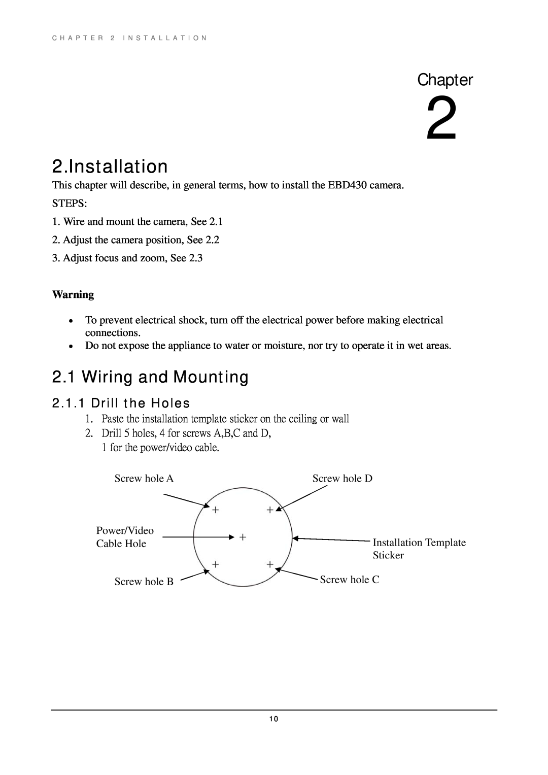 EverFocus EBD430 manual Installation, Wiring and Mounting, Drill the Holes, Chapter 