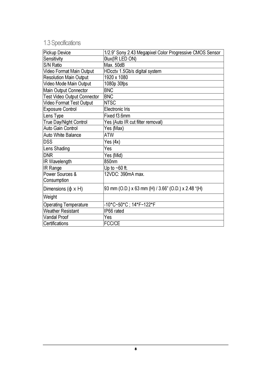 EverFocus EBH5241 manual Specifications 