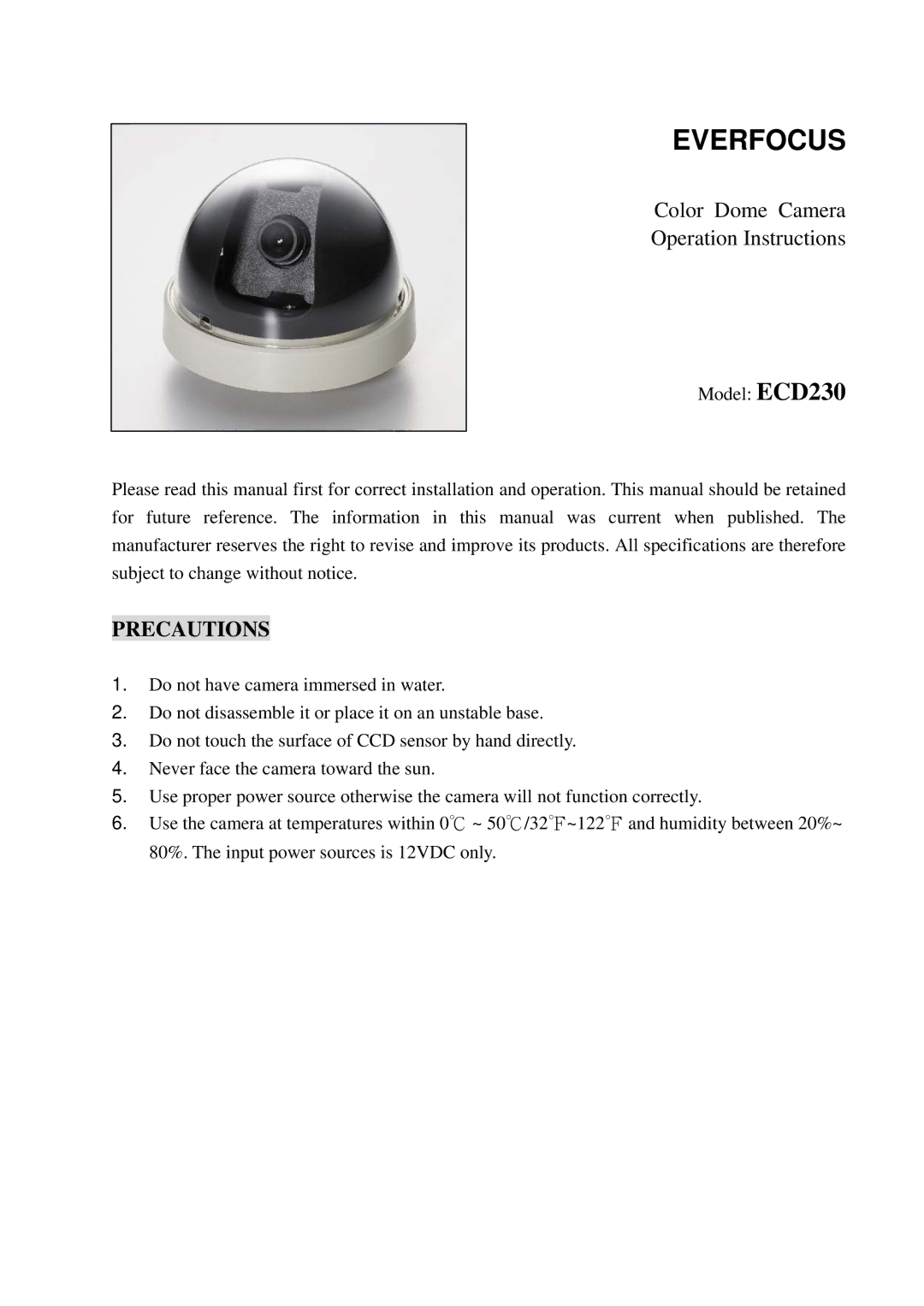 EverFocus ECD230 specifications Everfocus, Precautions 