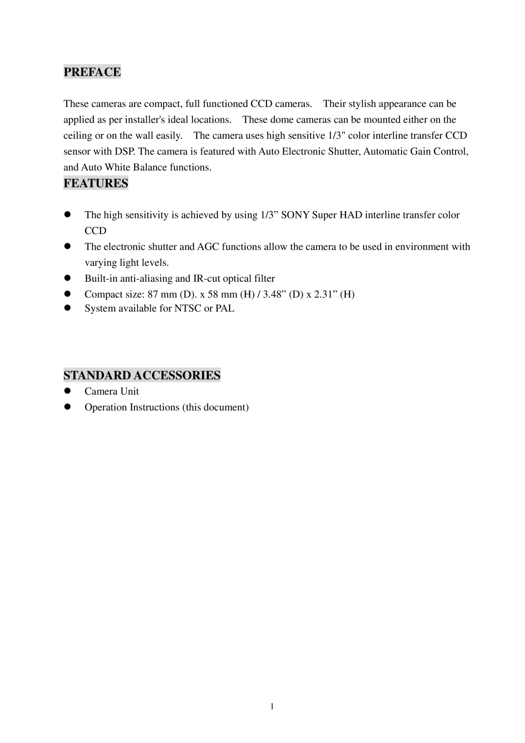 EverFocus ECD230 specifications Preface, Features, Standard Accessories, Ccd 