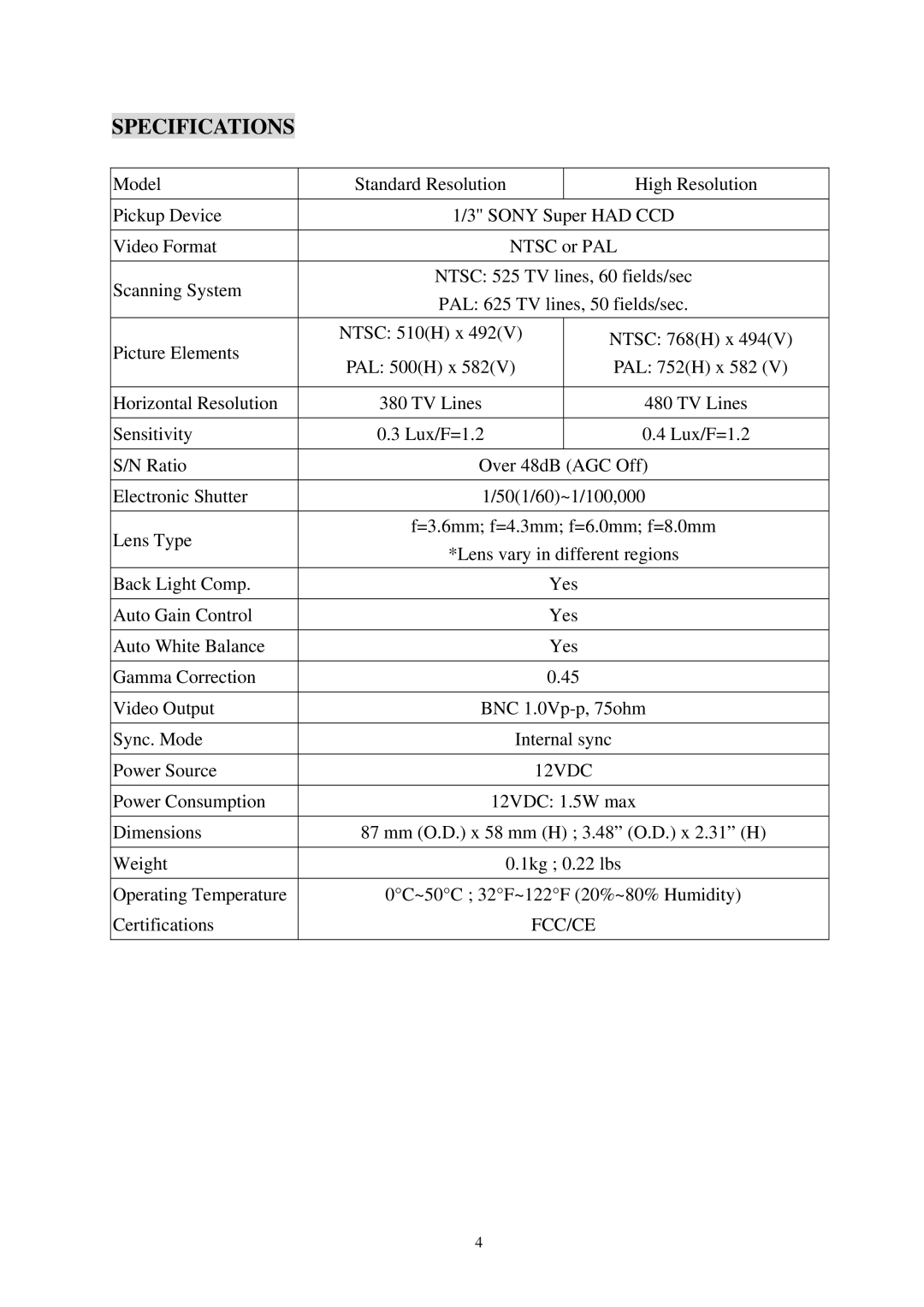 EverFocus ECD230 specifications Specifications, 12VDC, Fcc/Ce 