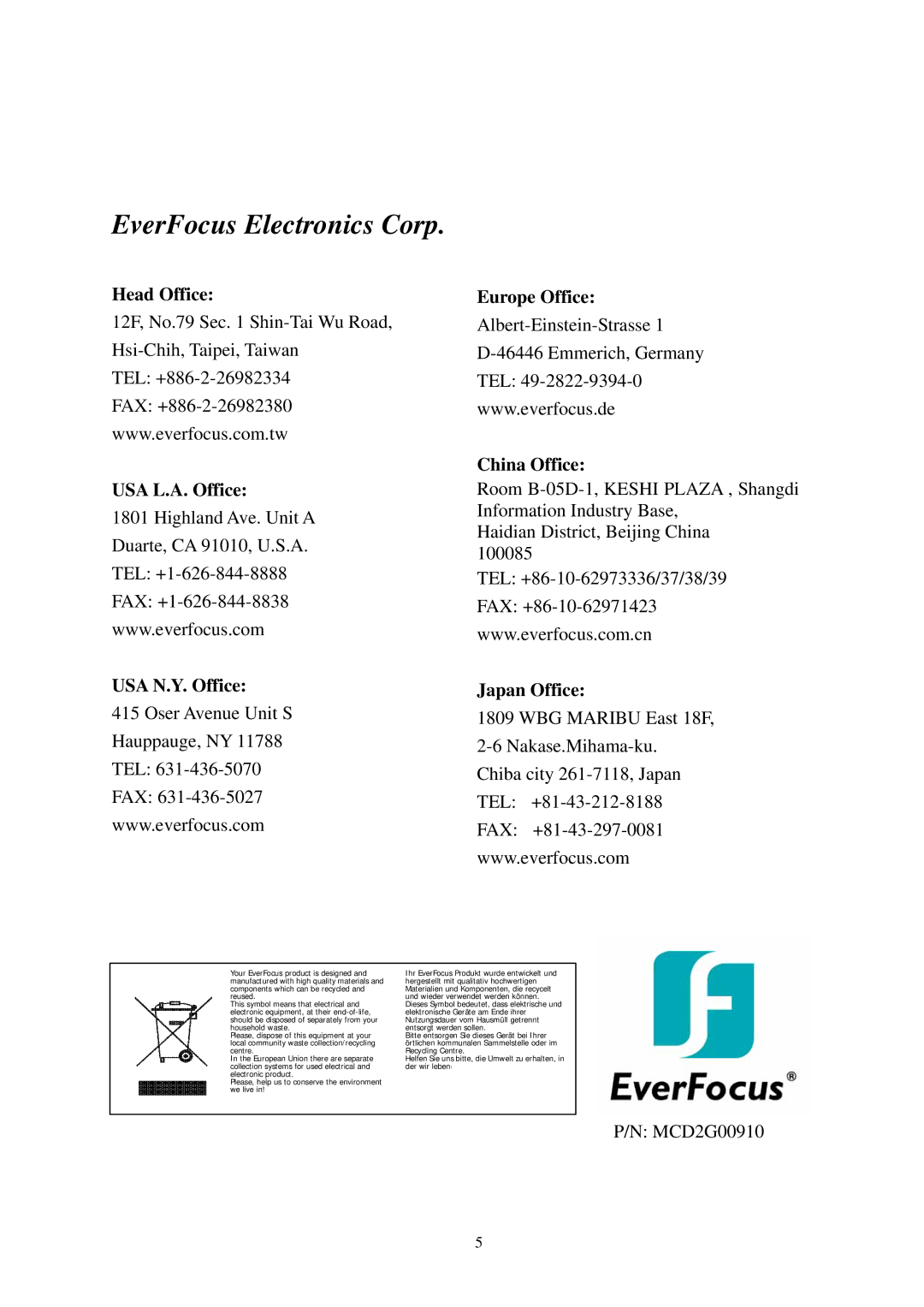 EverFocus ECD230 specifications EverFocus Electronics Corp 