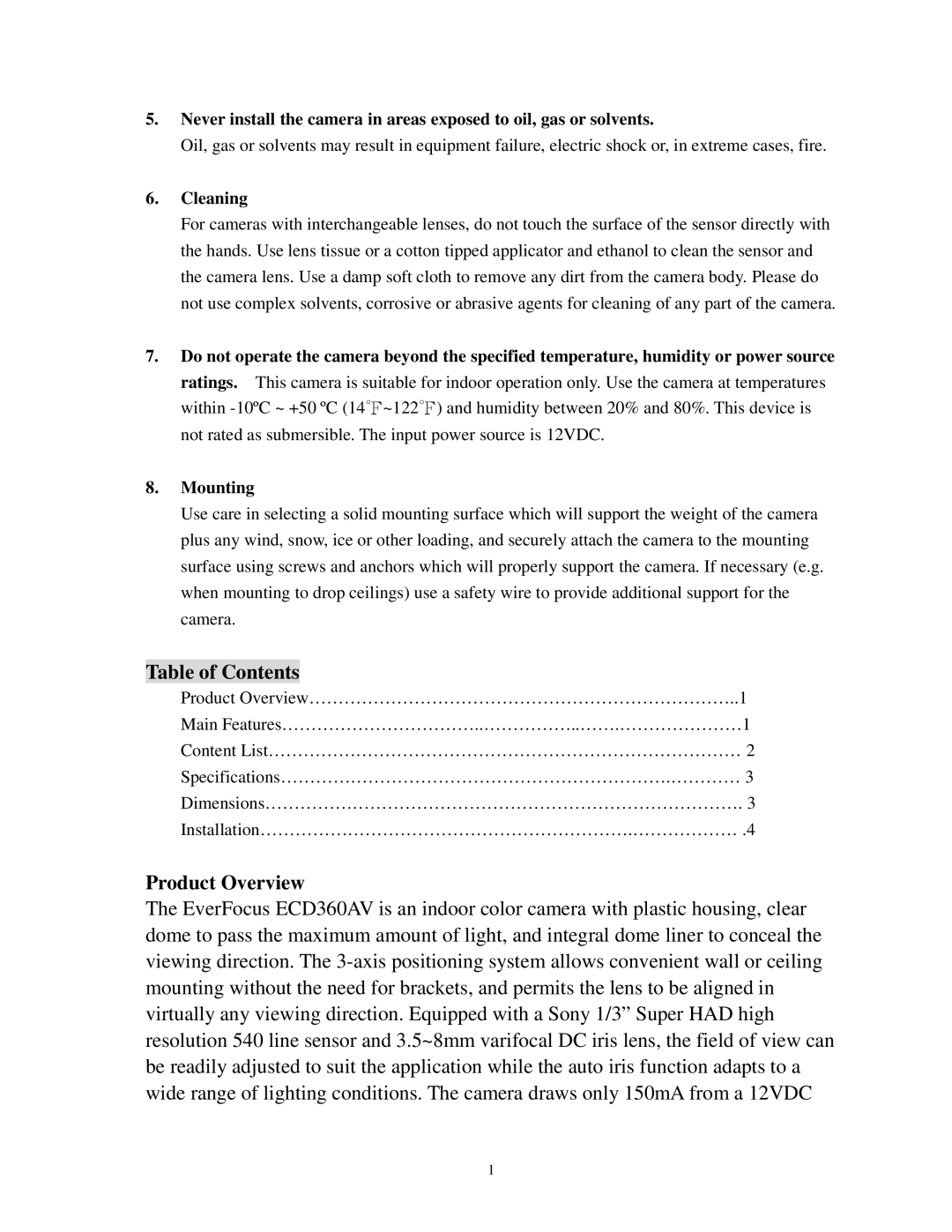 EverFocus ECD360AV specifications Table of Contents, Product Overview 