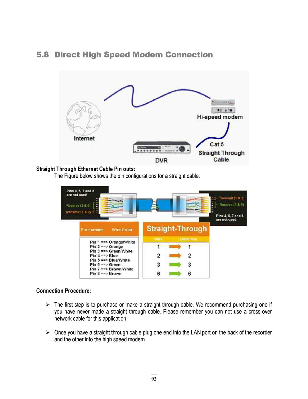 EverFocus ECOR264-8F1, ECOR264-8D1 user manual Direct High Speed Modem Connection, Straight Through Ethernet Cable Pin outs 