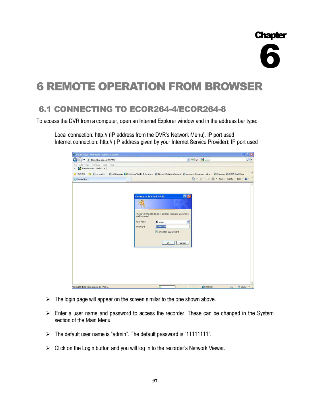 EverFocus ECOR264-8D1, ECOR264-8F1, ECOR264-4D1 user manual Remote Operation from Browser, Connecting to ECOR264-4/ECOR264-8 