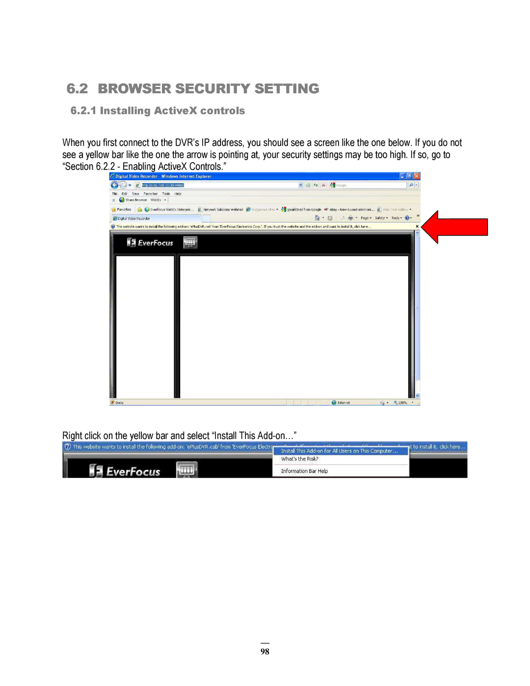 EverFocus ECOR264-4D1, ECOR264-8F1, ECOR264-8D1, ECOR264-4F1 user manual Browser Security Setting, Installing ActiveX controls 