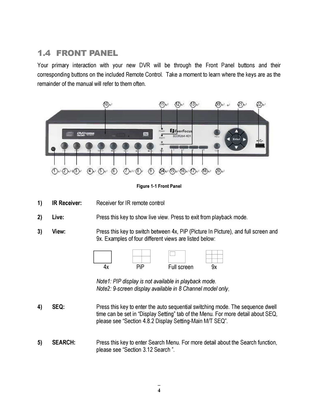 EverFocus ECOR264-8F1, ECOR264-8D1, ECOR264-4D1, ECOR264-4F1 user manual Front Panel 