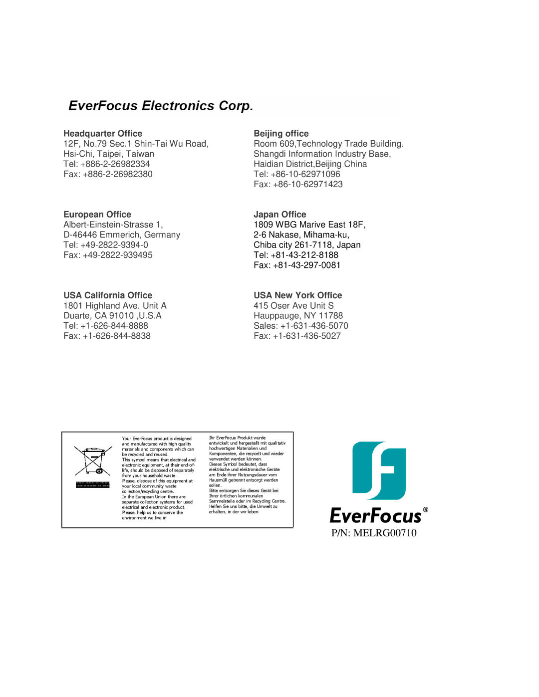 EverFocus ECOR264-8F1, ECOR264-8D1, ECOR264-4D1, ECOR264-4F1 user manual MELRG00710 