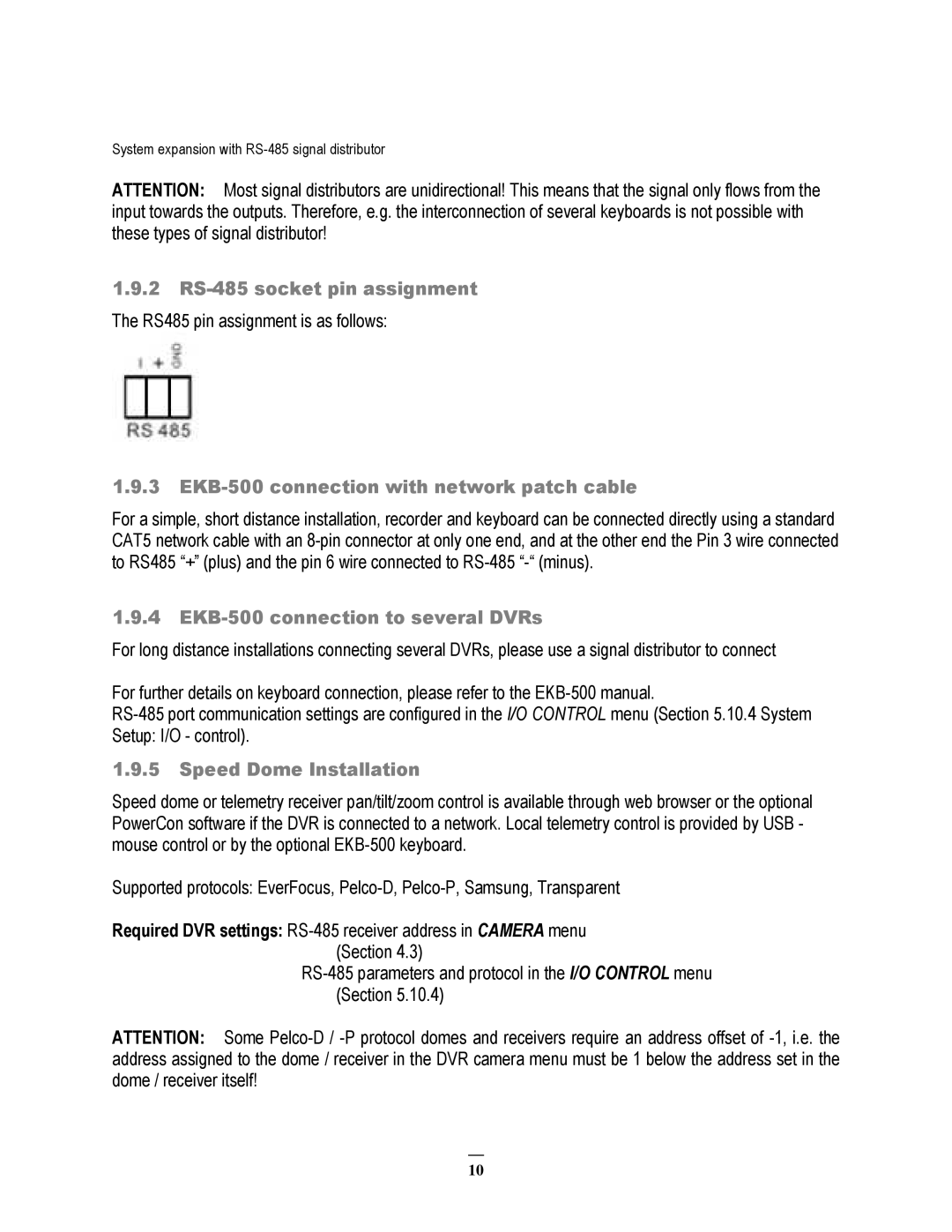 EverFocus ECOR264-4D1 2 RS-485 socket pin assignment, EKB-500 connection with network patch cable, Speed Dome Installation 